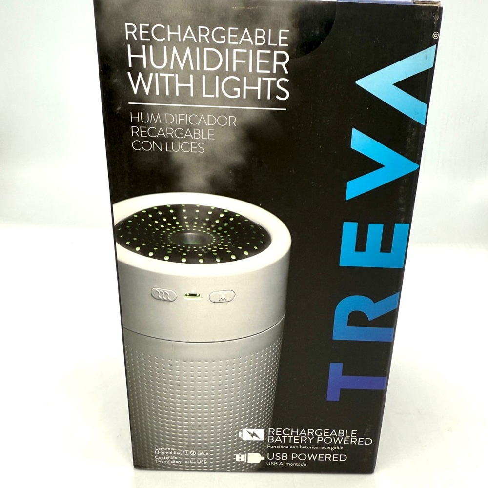 New TREVA Portable Cool Mist Mini Humidifier w/ Colored LED Lights, USB
